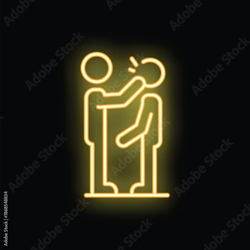 Yellow neon sign style icon depicting a bully hitting a person on a black background