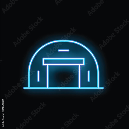 Glowing neon line warehouse building icon isolated on black background. Vector illustration