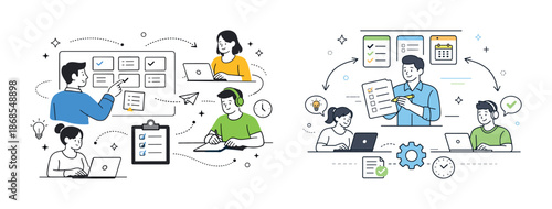 Team collaboration workflow with diverse colleagues using digital tools
