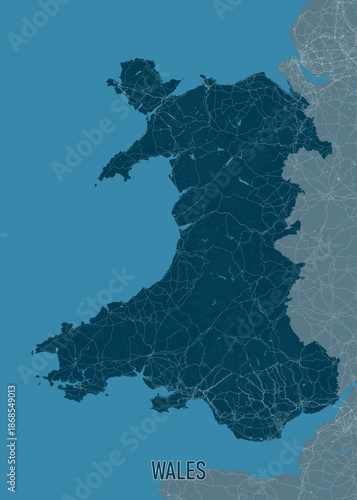 Map of Wales, featuring its geographical shape and road network. The map is rendered in shades of blue, with the landmass in a darker teal and the surrounding sea in a lighter blue.