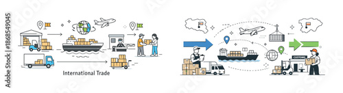 International trade and logistics illustration with global shipping elements