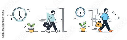 Caucasian male adult office entry and exit routine with briefcase and potted plant