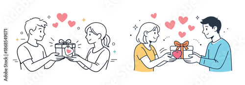 Illustration of couples exchanging gifts in heartwarming scene