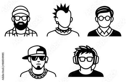 Minimalist line art avatar set featuring diverse male characters for user profiles and branding