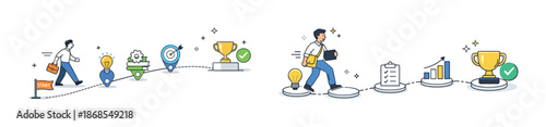 Business growth and success journey concept with goal achievement elements