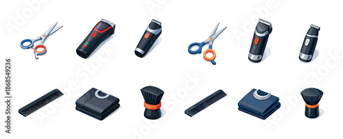 Barber tools set: scissors, clippers, combs, brushes for professional grooming