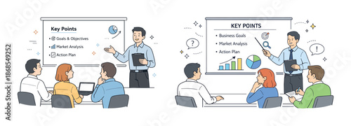 Diverse team in business presentation discussing key points and strategies