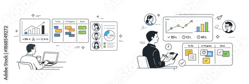Business analytics dashboard with people analyzing data and progress charts
