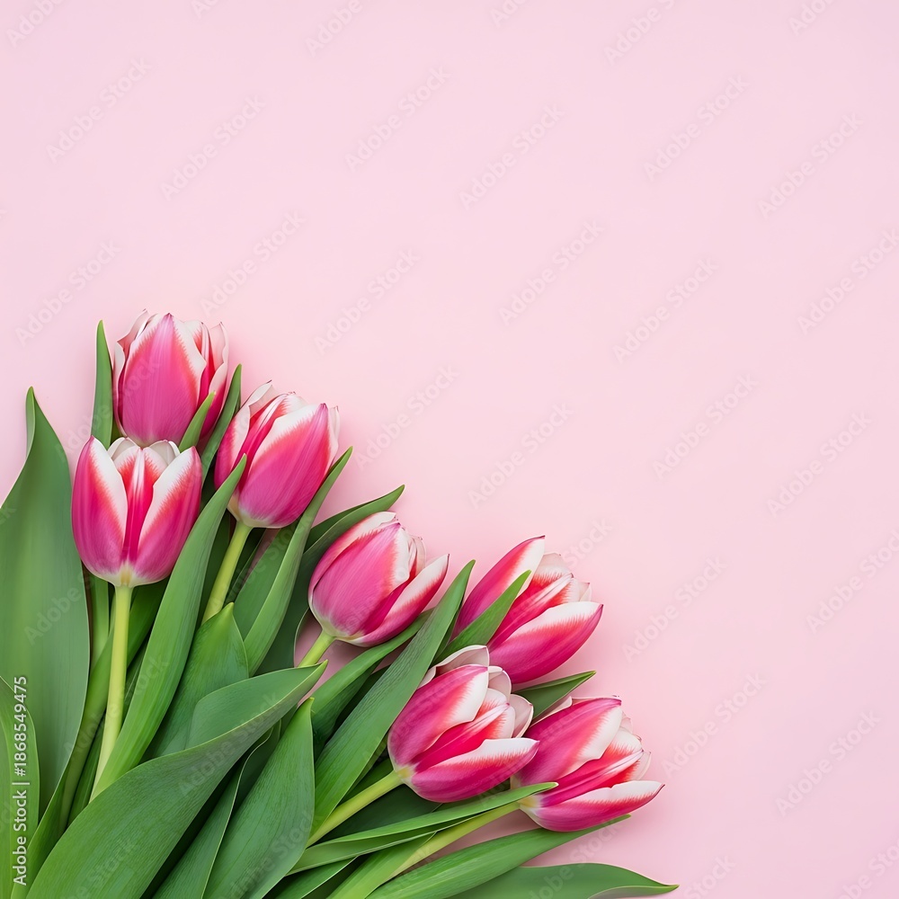 Fototapeta premium Bright pink tulips on light pink background