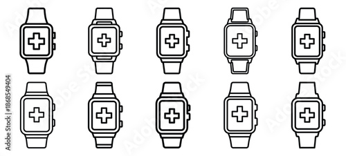 medical smartwatch medical health care outline icon set, line art minimal design
