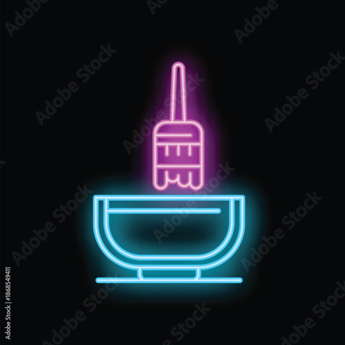 Bright glowing neon pink and blue dyeing brush over bowl icon on a black background