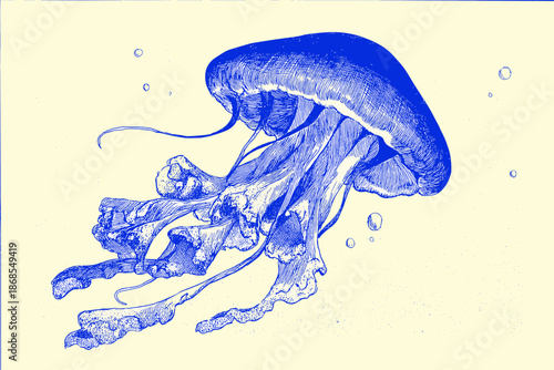 Blue Ink Illustration of a Jellyfish