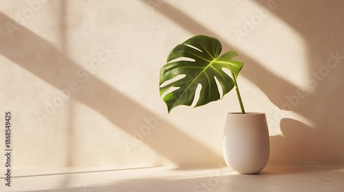 A Monstera Leaf In White Ceramic Vase On Beige Textured Wall With Soft Morning Shadow, Minimalist Scandinavian Interior, Natural Still Life