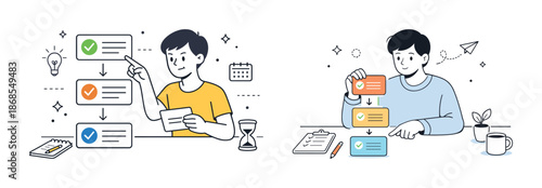 Young asian male explains project workflow with visual diagram and task list