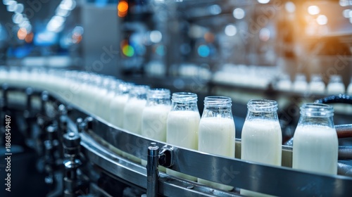 Wallpaper Mural Glass milk bottles on conveyor belt in a dairy processing plant Torontodigital.ca