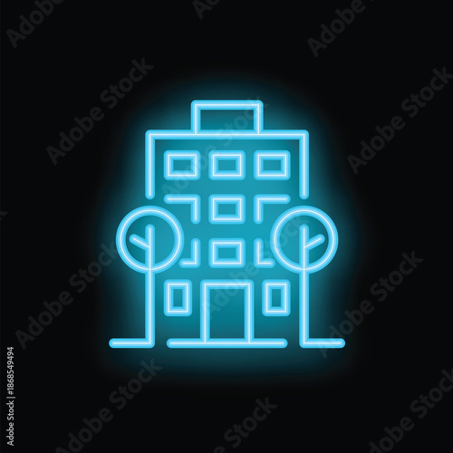 Blue neon icon of a hotel building with trees glowing on a black background