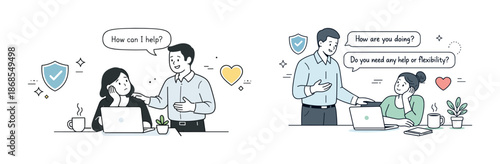 Asian coworkers supporting each other in office setting with laptop and plants