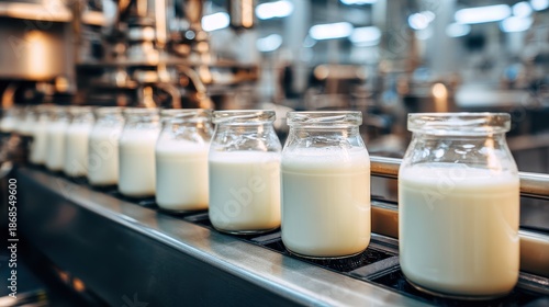 Wallpaper Mural Row of glass jars filled with fresh milk on a conveyor belt in a modern industrial dairy processing plant Torontodigital.ca