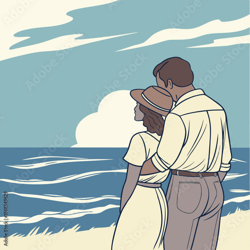 Flat vector illustration styled like watercolor, showing a couple embracing in a tender and romantic moment.