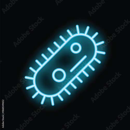 Bright blue neon bacterium icon glowing on a dark background