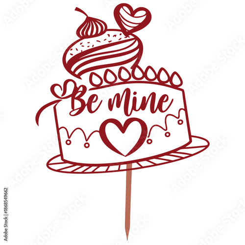 Flat vector illustration of a red glitter cake topper reading “Be Mine” on a simple white background for Valentine’s celebrations.