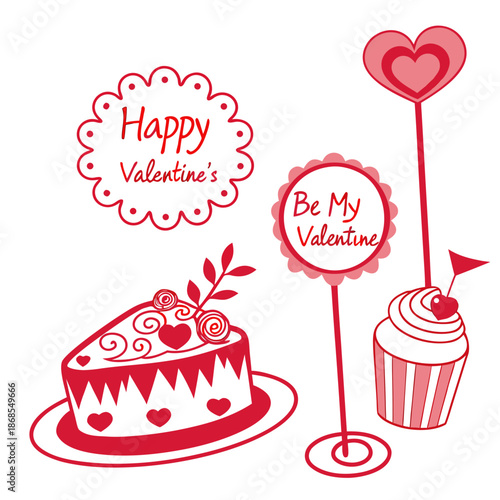 Flat vector illustration of Valentine’s themed cake toppers displayed on a white background in a festive arrangement.