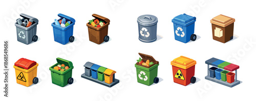 Colorful recycling bins for various waste types in multiple designs