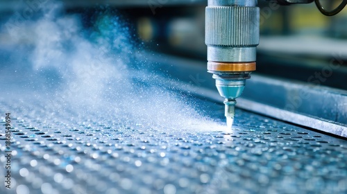 Wallpaper Mural Close-up of a water jet cutting machine precisely cutting a metal sheet with a fine mist of water and particles spraying. Torontodigital.ca
