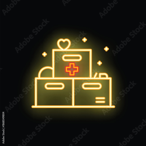 Neon sign of cardboard donation boxes full of medical supplies, with a heart symbol glowing above them