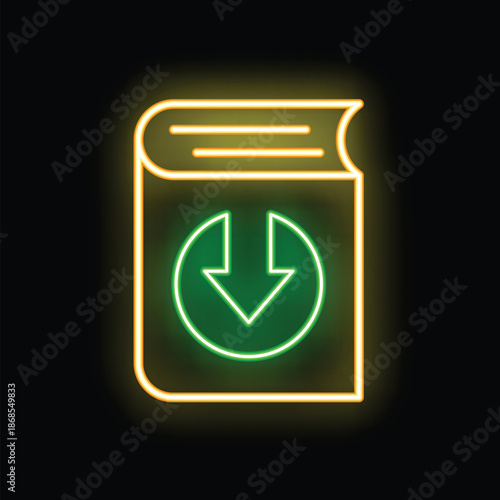 Neon download icon is shining from a book cover, representing the concept of ebooks and digital reading