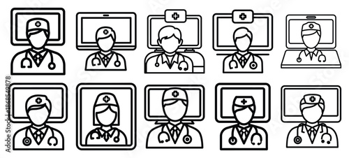 online doctor medical health care outline icon set, line art minimal design