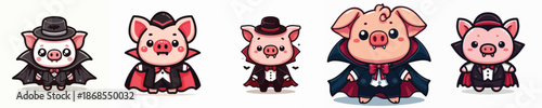 Adorable illustration of five chibi vampire pigs wearing various capes and top hats, perfect for a spooky yet charming Halloween design.