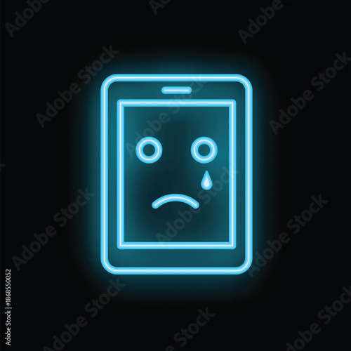 Glowing blue neon icon depicting a smartphone displaying a sad face, conveying a sense of sadness or disappointment related to mobile technology