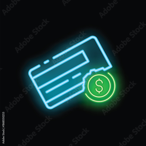 Neon sign representing a credit card breaking in half with a dollar sign, on a dark background