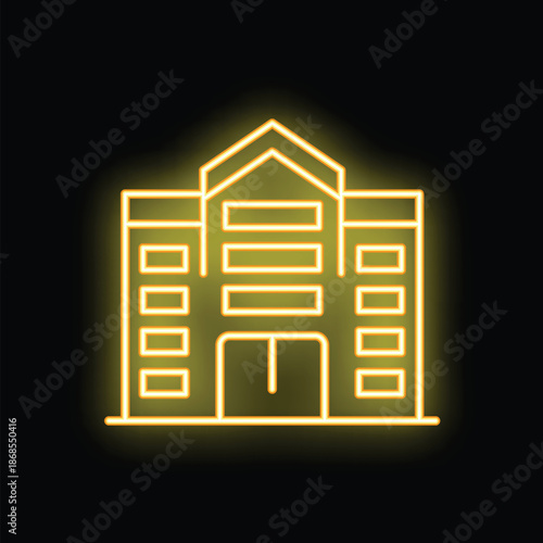 Yellow neon sign showing building with many windows on black background