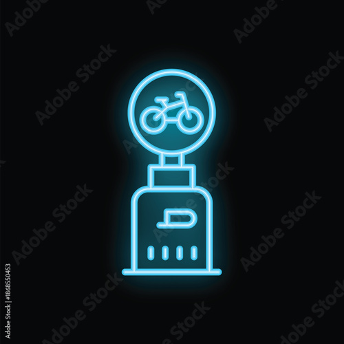 Neon sign of bicycle parking spot with glowing blue light on a black background