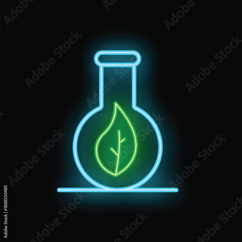 Neon sign depicting a blue erlenmeyer flask containing a green leaf, suggesting scientific research in biotechnology