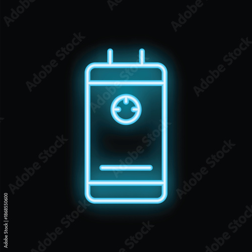 Bright blue neon sign depicting an electric transformer on a wall in the dark