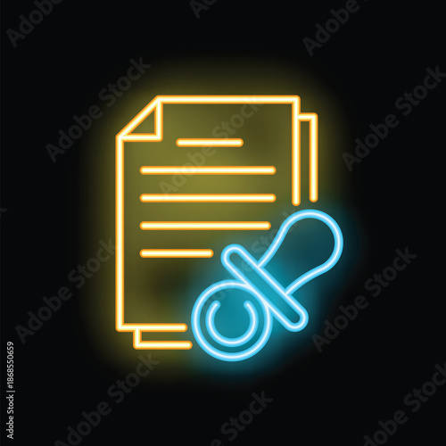 Neon glowing icon of a baby pacifier and official documents representing a postpartum agreement