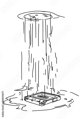 Surreal Illustration of a VHS Tape Under Waterfall