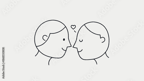 Simple line drawing of two stick figures kissing with a heart above them.