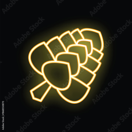 Glowing yellow neon sign depicting a hop cone on a black background