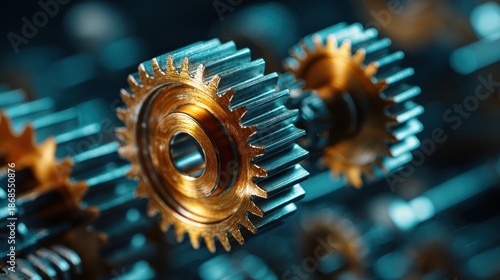 Wallpaper Mural Close-up of intermeshing metal gears, symbolizing precision engineering and industrial mechanics. Torontodigital.ca