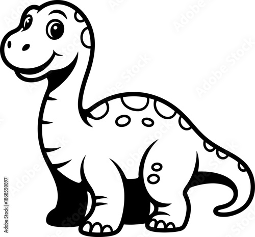 Black and white cartoon dinosaur with a smiling face
