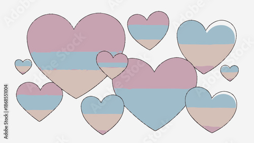 Collection of hearts with pastel pink blue and beige stripes.