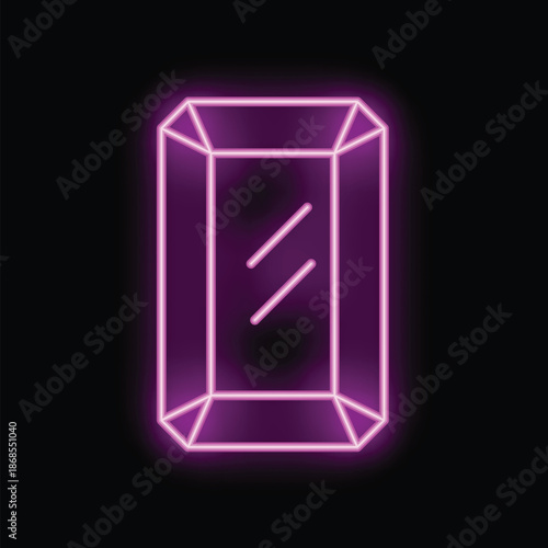 Bright pink neon sign showing a crystal glowing on a black background