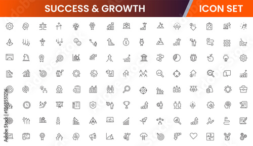 Success and growth icons illustrating achievement, progress, goals, upward trends, motivation, milestones, performance, strategy, and development.