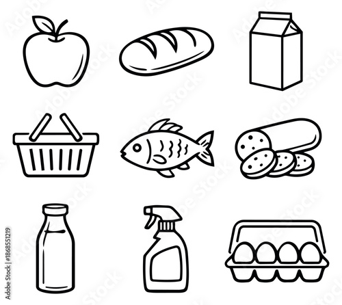Hand drawn line art grocery store items set featuring food, dairy, cleaning supplies, and a shopping basket for retail and daily needs