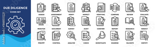 Due Diligence icon set collection. pack contain audit, review, verify, check, assess, analyze, inspect, evaluate, confirm, investigate
