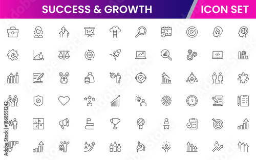 Success and growth icons illustrating achievement, progress, goals, upward trends, motivation, milestones, performance, strategy, and development.